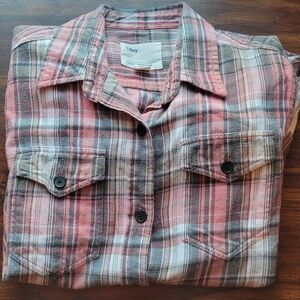 Tilley Plaid Flannel Shirt Pink Grey Tan Size Medium Classic